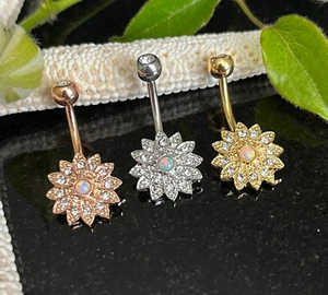 Small Flower w/ Opal Center Crystal Paved Petals Belly Button Ring Pierced Navel - Picture 1 of 4