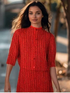 60er Jahre Doppel Strick Rock Jacke Set Größe Small Baumwolle Midi Rot Schwarz Geometrisch EUC - Bild 1 von 11