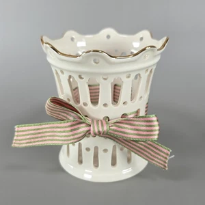 Lenox Pierced Votive Candle Holder Potpourri Pink Green Ribbon Ivory w Gold Trim - Picture 1 of 12