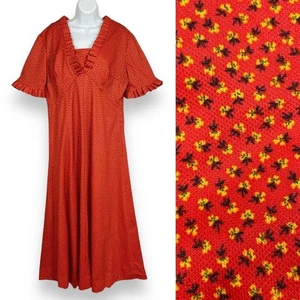 Abito vintage prateria anni 70 calico arancione maxi taglie forti retrò manica corta retrò - Foto 1 di 13