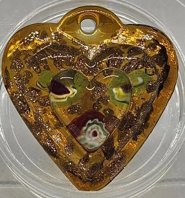 Murano-Style Millefiori Heart Pendant Amber Gold Aventurine Glass 1.5" - Image 1 of 3