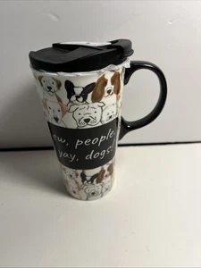 “ew, people. yay,dog!” Ceramic Perfect Travel Cup 17 oz. Black Handle w/flip/top - Picture 1 of 9