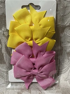 Yellow & Pink Hair Bow Clip Grosgrain Ribbon Toddler Girl Hair Barrette Set - Picture 1 of 3