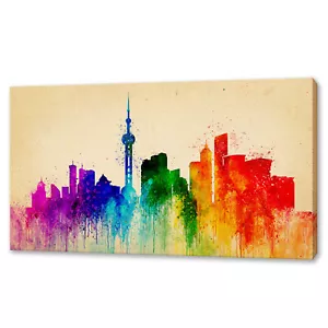 Shanghai buntes Aquarell Skyline Wahrzeichen Leinwandbild Wandbild - Bild 1 von 8
