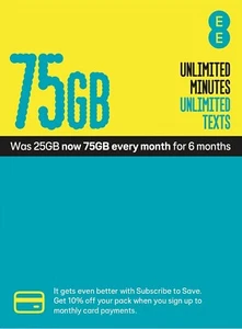 £15 EE Sim Card Pay As You Go Pack 75GB Data Unlimited SMS - Picture 1 of 2