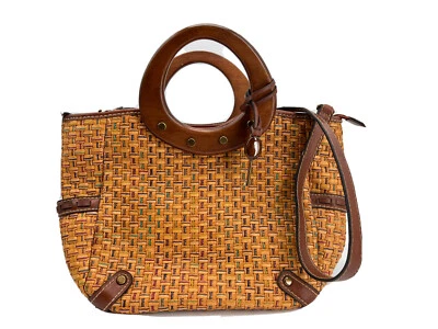 Bolso de Hombro Fossil Madera Paja Marrón Madera Anillo Asas Correa Desmontable Foto 1 de 4