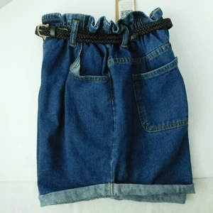 Plaid&Plain Shorts Paper Bag High Waist Blue Denim Belted Cuffed Wmns Large NWT - Picture 1 of 11