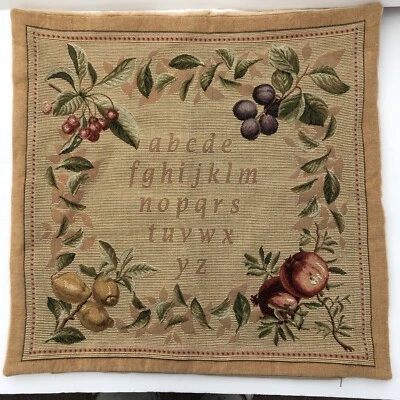 Vtg Old Money Accent Fruit Alphabet Sampler Belgium Tapestry 19” Pillow Cover - Image 1 of 4