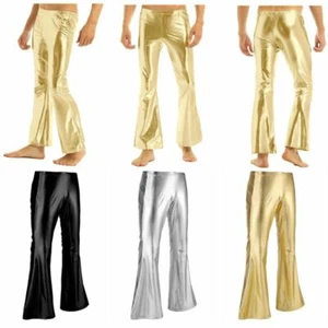 Mens Metallic Leather Flared Pants 70s Disco Dance Dude Trousers Bell Bottoms - Picture 1 of 63