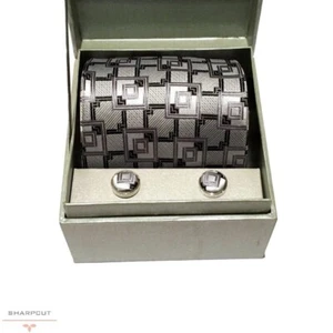 Silver Chain 100% Pure Silk Tie & Matching Cufflinks Quality Luxury Set - Picture 1 of 3