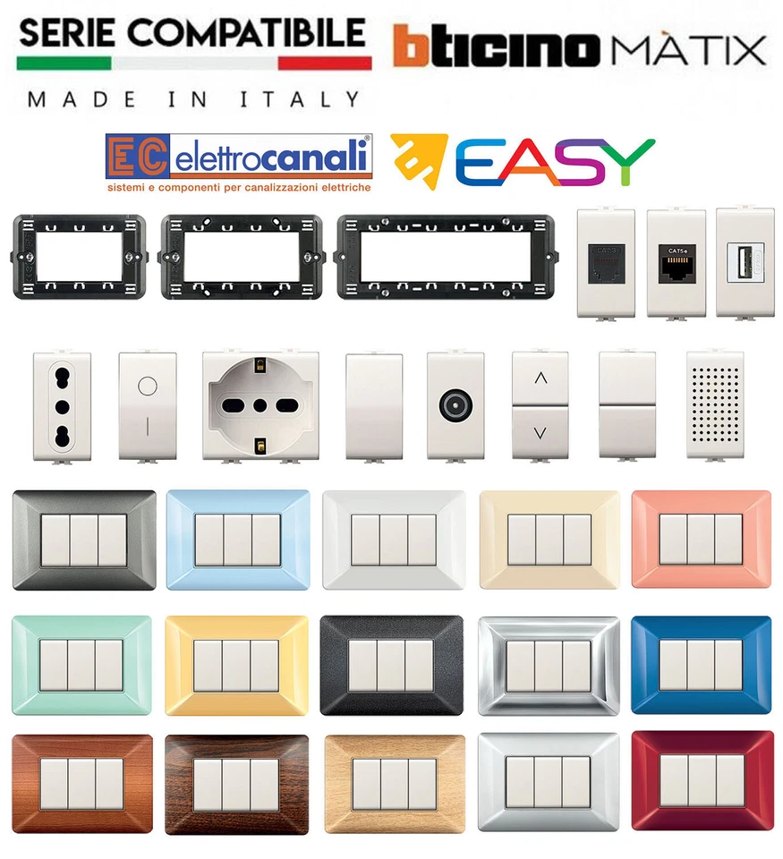 PRESE INTERRUTTORI FRUTTI PLACCHE ELETTROCANALI EASY COMPATIBILE BTICINO MATIX - Immagine 1 di 1