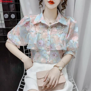 Korean Women Floral Chiffon Beaded Ruffle Summer Boho Tunic Shirts Tops Blouse - Picture 1 of 12