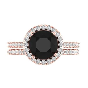 2.7 Round Cut Halo Pave Natural Onyx Promise Bridal Ring Band set 14k Rose Gold - Picture 1 of 5