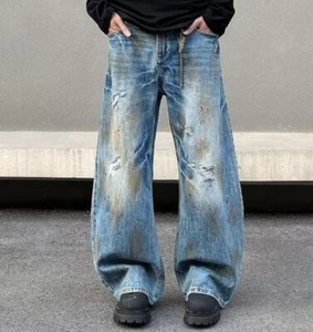 Men's Blue Denim Jeans Straight Leg Casual Pants Punk Hip Hop Trousers Ripped - Picture 1 of 5