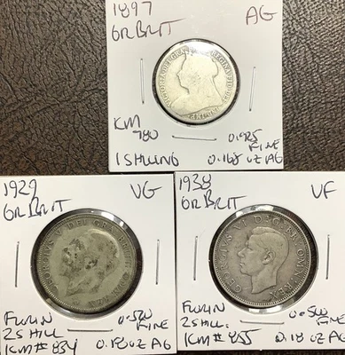 Lot (3) Great Britain 1 Shilling, 2 Shilling Coins: 1897, 1929, 1938 .500 Fine - Image 1 of 4