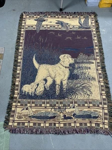 Vintage 1994 MWW Tapestry Woven Throw Blanket Retriever Dog Hunt w/Ducks Fringed - Picture 1 of 14
