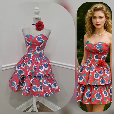 Vestido de fiesta vintage años 80 Laura Ashley 100 % algodón rojo/azul floral sin tirantes talla 8 Foto 1 de 4