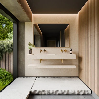 Doppel Waschbecken Waschtisch Steinoptik Beige Matt mit Ablage - Handgefertigt - Bild 1 von 2