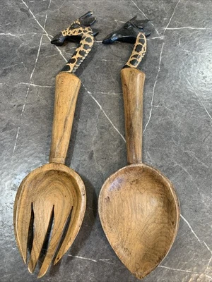 Wooden Hand Carved African Giraffe Salad Spoon and Fork Serving Set - 10” - Image 1 of 4