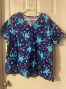 Sesame Street Scrub Top Cookie Monster Snow Flakes Womens W/ Pockets 3X - Picture 1 of 7
