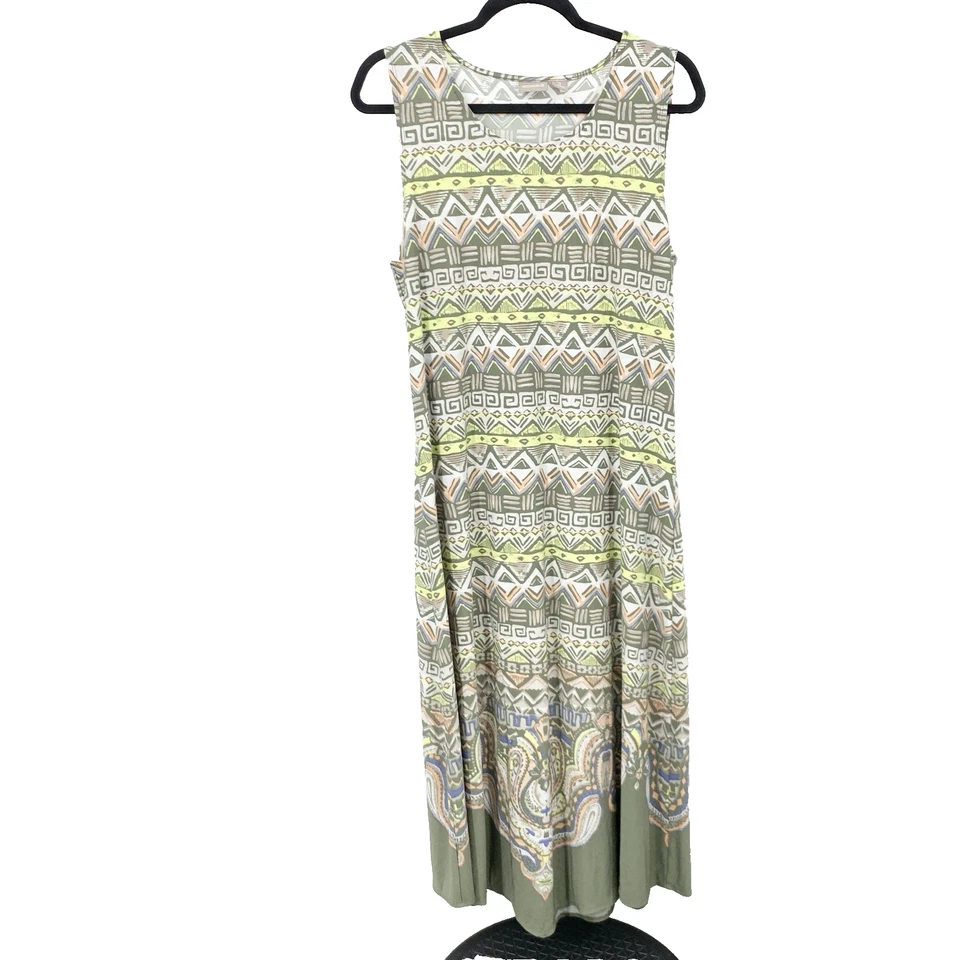 Chicos Women Size 2 Large 12 14 Dress Tank Long Midi Green Pink Aztec Striped - Image 1 of 4