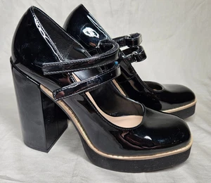 Steve Madden Twice Platform Mary Jane Pumps Women 8.5 Black Faux Patent Leather - Picture 1 of 11