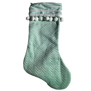 Hobby Lobby Pastel Green Herringbone Stitch Christmas Stocking 20” PomPom Fringe - Picture 1 of 5