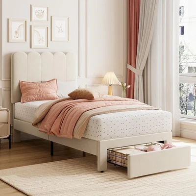 Twin Bed Frame with Storage Drawer & Velvet Headboard, White Platform Bed - Image 1 of 4