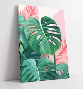 MONSTERA LEAF TRENDY ART PINK & GREEN -DEEP FRAMED CANVAS WALL ART PRINT - Picture 1 of 2