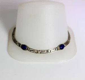 Pulsera de tenis de plata esterlina de 8,5" con 2 piedras ovaladas de vidrio azul y des azteca - Imagen 1 de 8