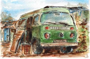 A528-ORIGINAL WATERCOLOR PAINTING, "Camper Van",Gift nostalgia Old Car Birthday - Picture 1 of 1