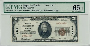 1929 $20 NAPA, CALIFORNIA PMG GEM UNC 65 EPQ, Low SN D000342A - Picture 1 of 2