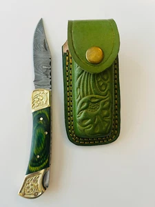 The Rambler Damascus Folding Knife – Lockback, Multicolor Wood Handle + Leather - Picture 1 of 8