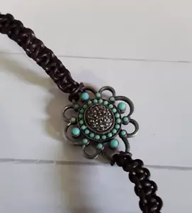 Signed LINDA LEVINSON Turquoise Bead Bracelet Leather & Rhinestones Jewelry - Picture 1 of 6