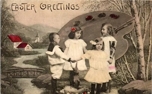  Postal de Pascua ~ Anillo para niños alrededor rosado con paleta de pintura de conejo fantasía  - Imagen 1 de 3