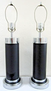 Matched Pair of Black Leather and Chrome Table Lamps - Picture 1 of 8
