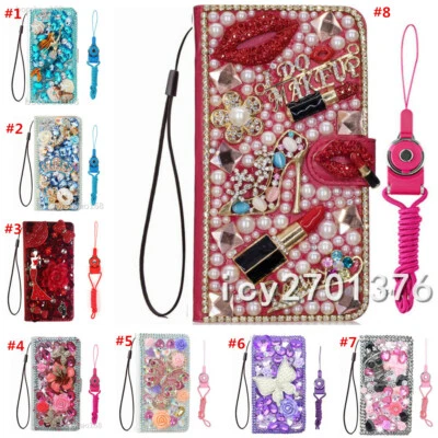 Bling diamonds Leather stand wallet cover & straps for iPhone Samsung Phone Case - Image 1 of 4