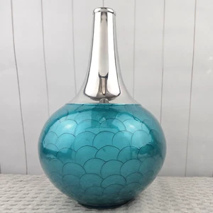 Pier 1 türkis blau silber Vase strukturiert Schuppen Meerjungfrau Chrom Hals 13 Zoll MCM - Bild 1 von 5