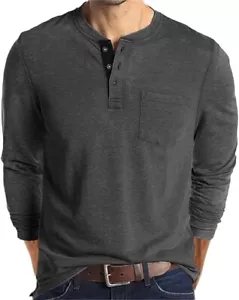Lexiart Mens Fashion Henley Shirts Long Sleeve Button Cotton T-Shirt with Pocket - Picture 1 of 10