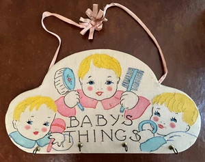 CUTE! Vintage Tinted Hand Embroidered Baby Things Nursery Wall Hanging w Hooks - Picture 1 of 12
