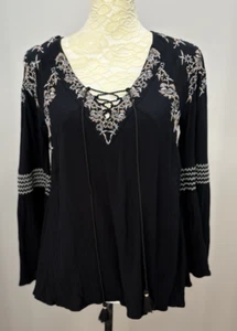INC Peasant Beaded Embroidered Black Top Bell Long Sleeves Boho Artsy Small - Picture 1 of 10