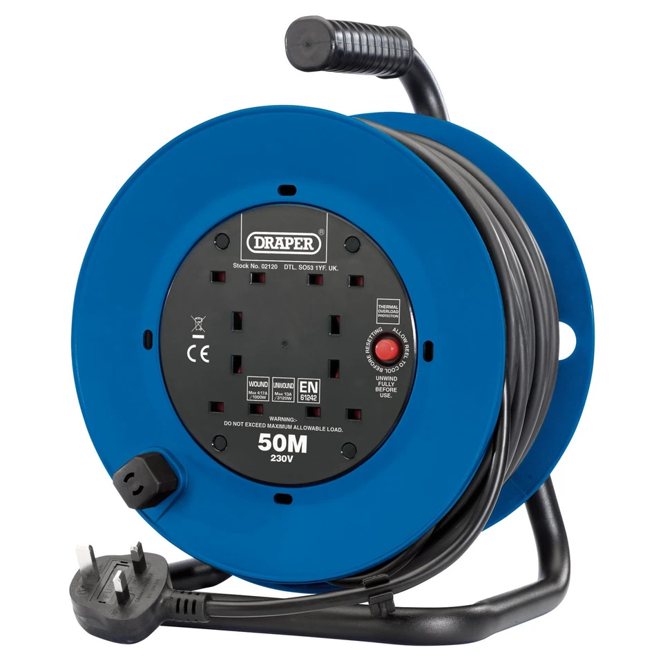 Draper 230V Four Socket Industrial cable Reel 50m 13A 3120W 1.25mm cable 02120 - Image 1 of 1