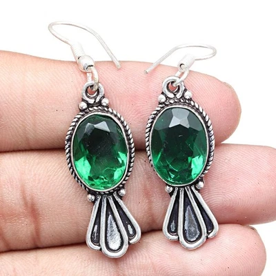 Pendientes de piedras preciosas de cuarzo esmeralda hechos a mano para ella joyas de plata de 1,5"" Foto 1 de 4