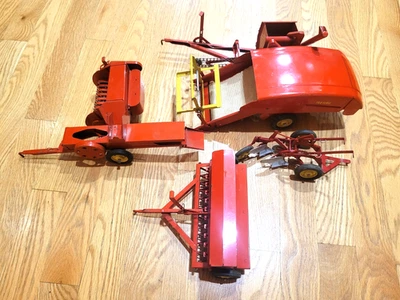 Rare 1950's Carters Tru-Scale Orange Steel 14T Baler, Grain Drill, and Combine - Image 1 of 4