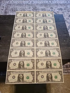 Vintage 1985 B Sheet of (16) UNCUT/UNCIRCULATED $1.00 bills  - Picture 1 of 6