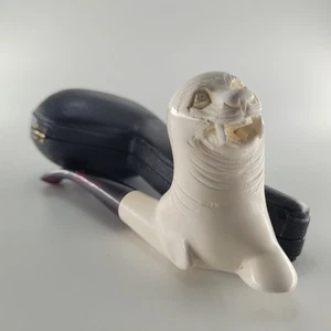 Aged Vintage seal block meerschaum pipe handmade in 1990s & case 1228 - Picture 1 of 11