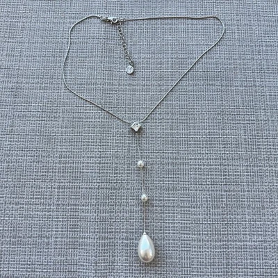 Majorica Sterling Silver 14” Necklace With 4” Drop Pendant CZ Teardrop Pearl - Image 1 of 4