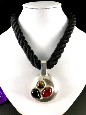 COLLAR SIMON SEBBAG CORDÓN NEGRO 925 ESTERLINA OJO DE TIGRE CORNALINA MOD COLGANTE  Foto 1 de 4