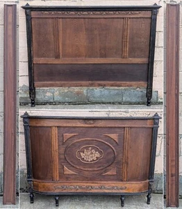 Antique Oak Wooden Full Size Edwardian Curved Bow Bed Frame Head Foot Board Set - Picture 1 of 4
