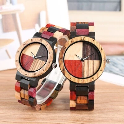 Natural Men Women Wooden Quartz Watch Colorful Dial Full Wood Band Round Watches - Image 1 of 4